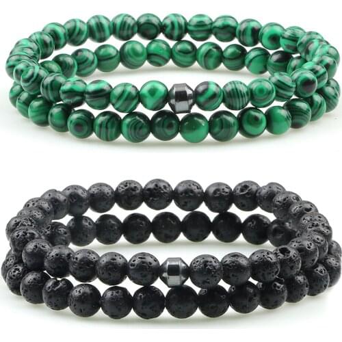 2pcs/set Beaded Bracelets 6mm Malachite Men Cylinder Black Weathered Lava Stone Bracelets&Bangles Women Yoga Jewelry Friend Gift