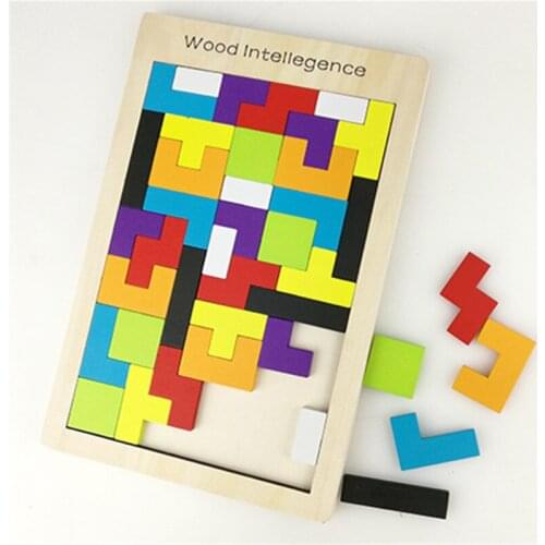 HZFZ 40PCS Wooden Tangram Brain Teaser Puzzle Tetris Russia Game Preschool Magination Intellectual Educational Kids Toy