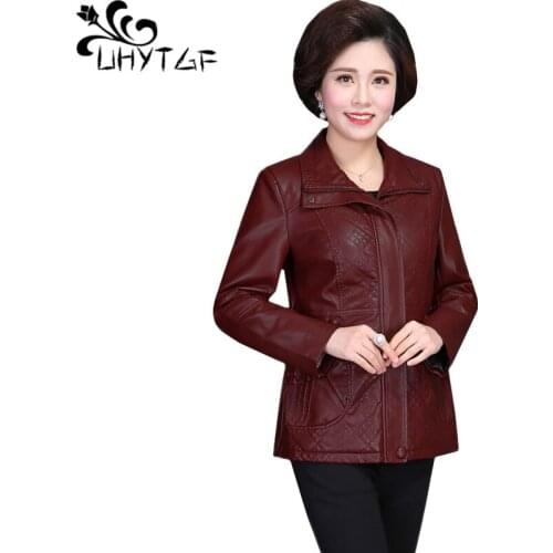 UHYTGF quality PU leather autumn winter leather jacket women zipper Slim 6XL Plus Size Coat Casual warm leather coat female 582