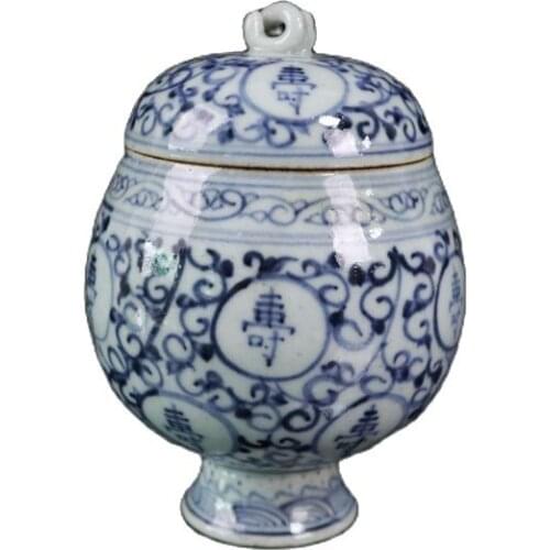 Jingdezhen ceramics Ming Dynasty hand painted blue and white Shouzi figure high foot covered pot tea pot Collect ornaments