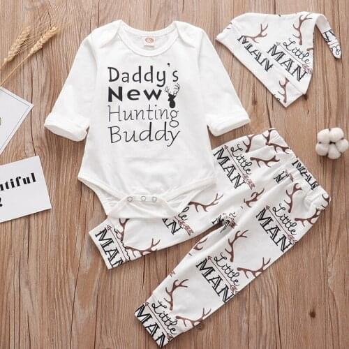 Newborn Baby Clothing Outfit Set 2019 Christmas Daddys New Hunting Buddy Rompers+Pants+Hat 3PCS Infant Baby boy outfits sets