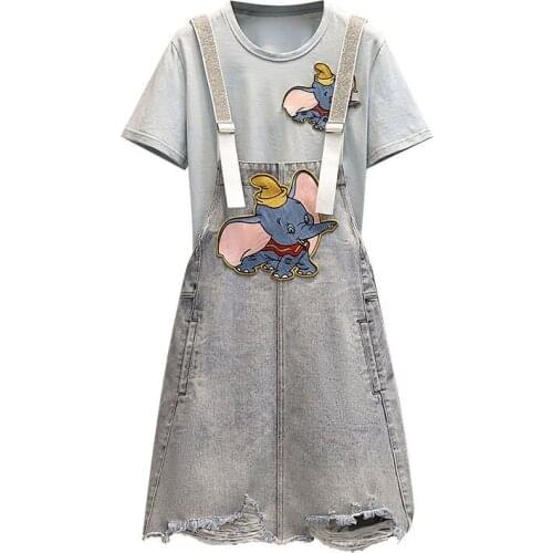 M-4XL Plus Size Women Dress Suit Summer Print Elephant Pattern Sequine Cotton T-Shirt + Denim Strap Dress Set