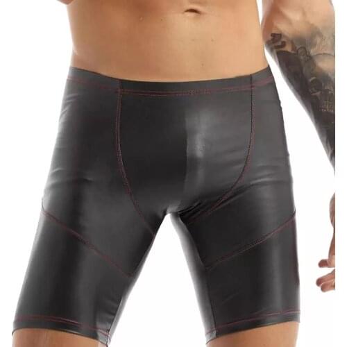 Male Metallic Leather Leggings Stretch Bulge Pouch Mens Sexy Leather Lingerie Short Pants Latex Shaping Sheath Casual Shorts
