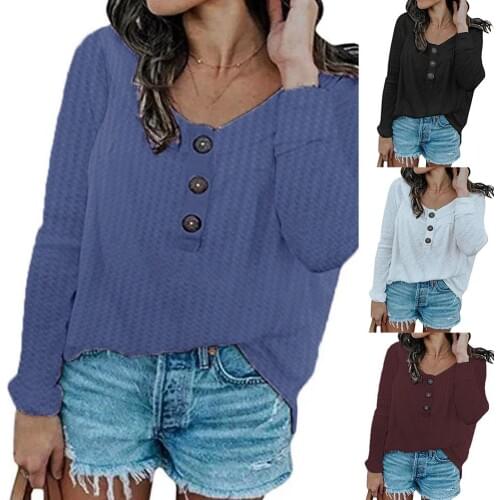 Blouse Shirt Summer 2020 Fashion Women Crew Neck Long Sleeve Solid Color Button Casual T Shirt Top Blouse S-5XL
