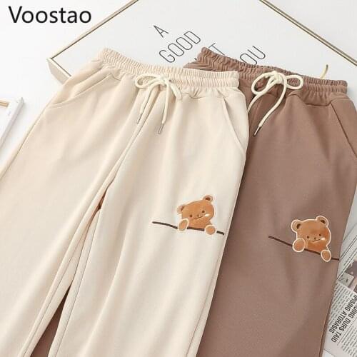 Sweet Cartoon Bear Embroidery Sports Pants Women Kawaii Trousers Preppy Style Sweatpants Girls Harajuku Cotton Straight Pants