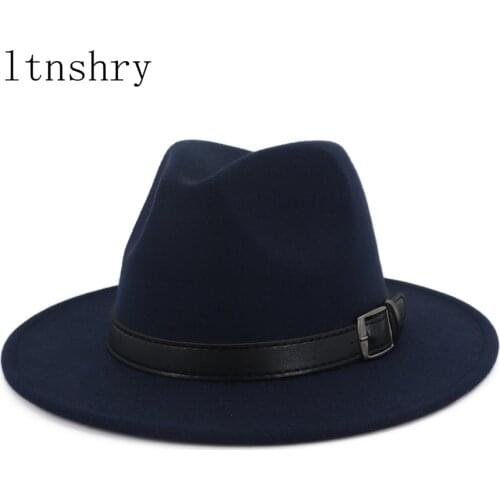 Fashion Unisex artificial wool Womens wide-brim Belt Fedora Hat For Laday Men Panama Cap With Feathe Headband Jazz Church Hat