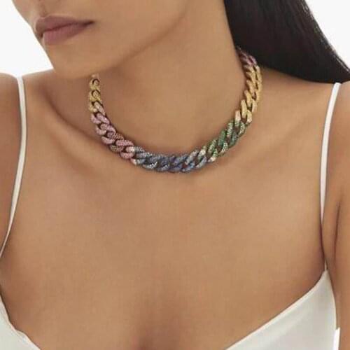 Fashion Hiphop Gold Plated Women Girl Jewelry 15mm Width Multi Color Rainbow CZ Iced Out Bling Miami Cuban Chain Choker Necklace