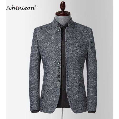 Schinteon Men England Style Blazer Jacket Stand Collar Slim Fit Outwear Smart Casual High Quality Chinese Tunic Suit