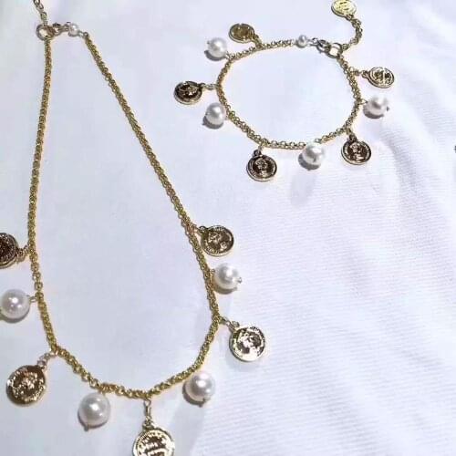 Gold coin bracelets Pearl set,Natural Fresh Water Pearl bracelets for women,Cold coin original design,Lady Jewellery for gift