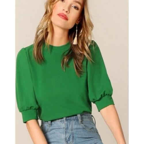 2020 Summner New Women Half Lantern Sleeve O-neck Solid Cotton T-shirt Casual Office Lady Fashion Tops Tee Shirt