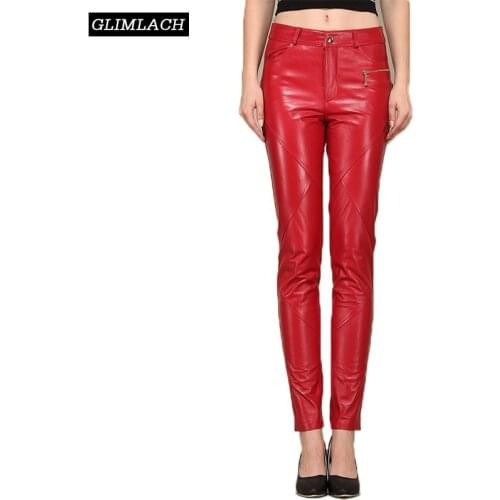Office Lady Real Leather Slim Pencil Pants Women Quality Lambskin Genuine Leather Full Length Plus Size Skinny Trousers Female