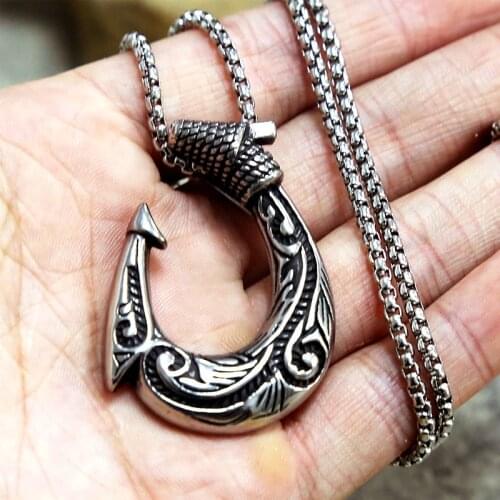 Retro Fish Hook Shape Pendant Necklace Nordic Celtic Stainless Steel Viking Necklace For Men Women Fashion Norse Amulet Jewelry