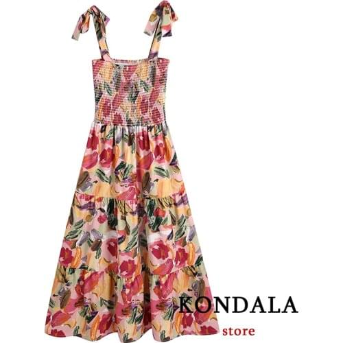 KONDALA Za Beach Graffiti Print Maxi Dress Women Summer 2021 Ruffles Corset Bow Tie Cami Dresses Female Vintage Vestidos