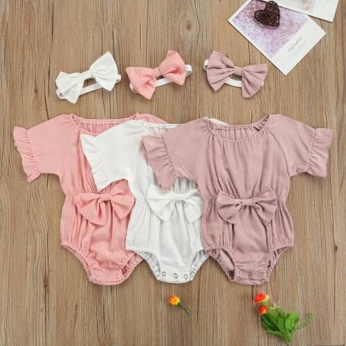 OPPERIAYA 2Pcs Newborn Summer Outfits Toddler Baby Girls Solid Color Round Neck Ruffle Sleeve Bodysuit Headband with Bowknot