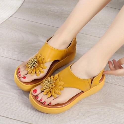 Ladies Printing Floral Sandals Genuine Leather Women Beach Shoes 2021 Summer Female Retro Slip-on Large Size Platform Sandals 42