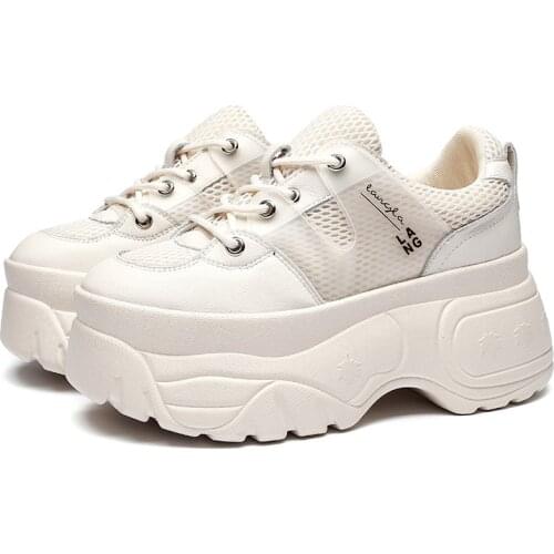 Genuine Leather Mesh Platform Sports Shoes Womens Autumn New Round Head Fashion Comfortable Breathable White Lace Casual Shoes