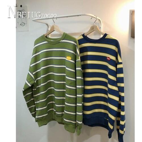 Stripe Green And Blue Lining With Fluff Women Sweatshirts Korean Thick Fashion Female Sweatshirt