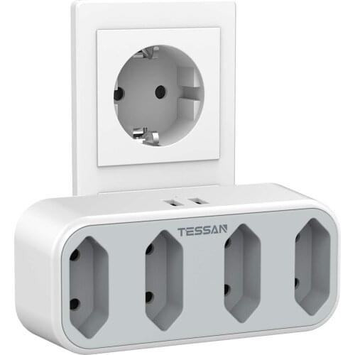 TESSAN Wall Outlet Extender Overload Protection with Type E/F Plug 4 EU Outlets and 2 USB Ports 100-230V for Smartphone/Laptop