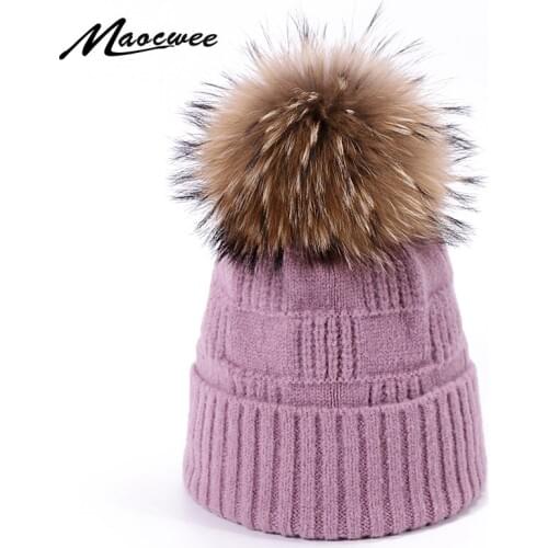 Knitted Beanie Hat With Real Fur PomPom For Men Women Winter Outdoor Thick Warm Solid Hats Ladies Skullies Beanies Female Gorras