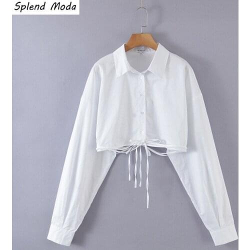 Splend Moda Sexy Lace-Up Single-Breasted Long-Sleeve Shirt Women Spring Autumn 2021 Turn Down Collar Crop Top Trendy Solid Color
