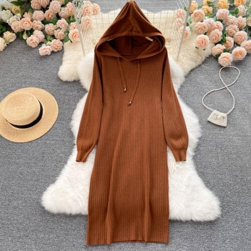 SINGREINY Women Hooded Knitted Dress Korean Fashion Long Sleeve Casual Dress Autumn Winter Warm Knitting Streetwear Short Dress