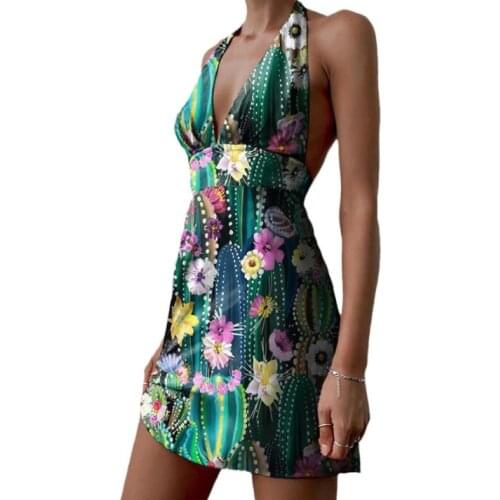 Women’s Sexy Halter Bandage Dress Vintage Flower V-neck Backless A-line Short Dress