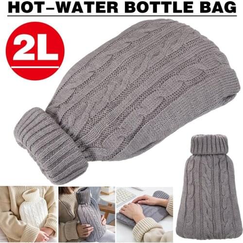 2L Rubber Hot-water Bottle Knitted Polyester Bag Cover Winter Bed Warmer Dark Grey Anti-scalding Cover Washable