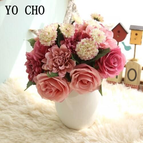 8 Heads Wedding Rose Dahlia Artificial Silk Flower Bouquet Pompon Rose Dahlia Bride Flores Home Wedding Decor Fake Flowers Roses