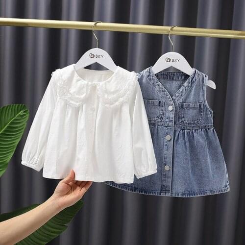 Free shipping 2021 2pcs Fashion Girls Clothing Set Spring Baby Girls Clothes sets Lacework Shirt+ Denim Vest Dress girls suit