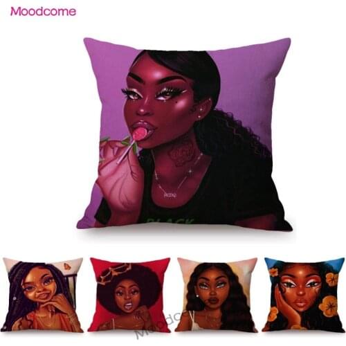 Black Girl Lollipop Cartoon Fashion African Queen Lady Cotton Linen Home Decorative Art Throw Pillow Case Car Cushion Cover Case