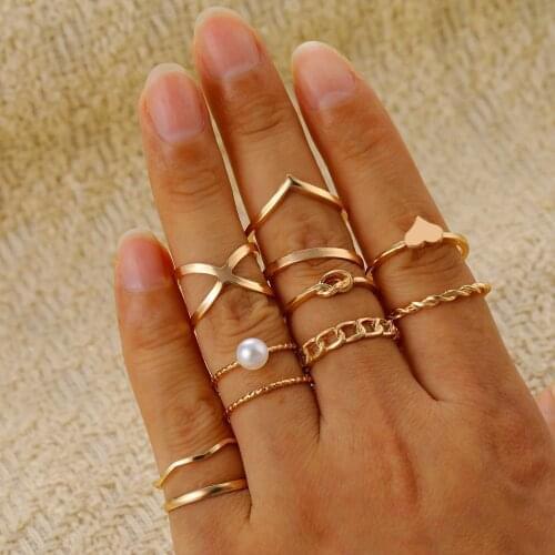 EN 2021 Bohemian 10pcs/Sets Pearl Knuckle Joint Rings Set For Women Cross Hollow Geonetric Fashion Open Wedding Boho Rings