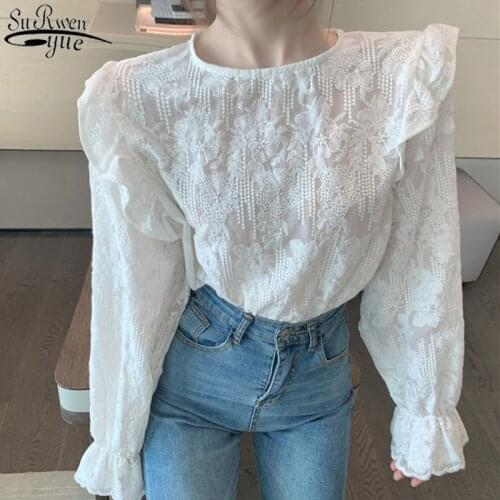 Korean Style Apricot Color Flare Long Sleeve Lace Embroidered Womens Shirts Loose Sweet Blouse Women Fashion Tops Female 11615