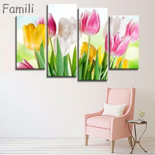 No Frame pictures 4PCS Modular Wall Picture Art Painting Of Roses Tulips Print On Canvas Paintings Posters Living Room Bedroom