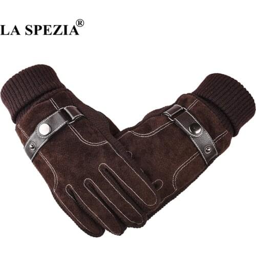 LA SPEZIA Leather Gloves Men Genuine Pigskin Gloves Winter Male With Buckle Lined Thick Patchwork Touch Screen Warm Mitten Brown