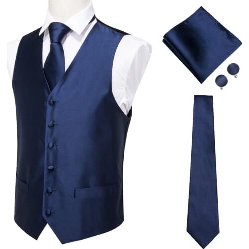 Hi-Tie Mens Classic Blue Silk Jacquard Waistcoat Vest Handkerchief Cufflinks Party Wedding Solid Tie Vest Suit Set MJ-0002