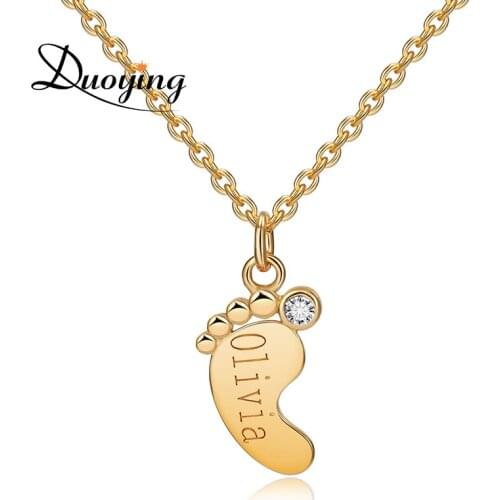 Duoying New Newborn Necklace Feet Name Engraved Birthday Date Baby Foot Print Necklace with Stone Gift for Newborn Baby