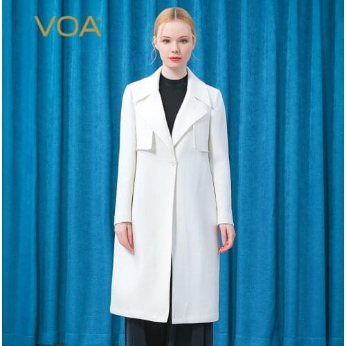 VOA Silk White Suit Collar Three-dimensional Decoration One Button Long Elegant Windbreaker Trench Coat Women Fashion FE126