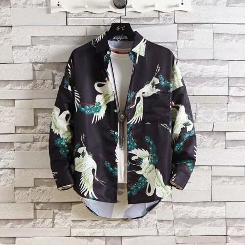Blusas Tops Red-crowned Crane Printed Shirt Long Sleeve Turn-down Collar Man blouse