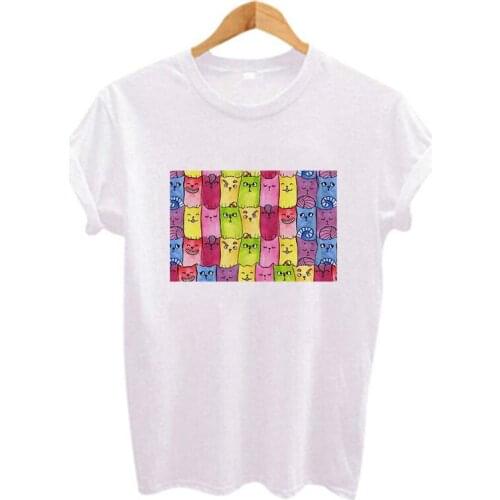 O-neck T Shirt Summer Simple Tshirt Long neck Cat Cute Colorful printed Women T- shirt White Tee Tops Short sleeve tshirt