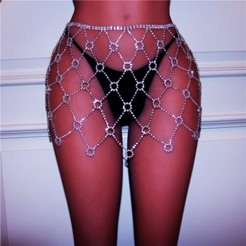 Sexy Body Chain Mesh Hollow Crystal Thong Panties Jewelry for Women Silver Color Rhinestone Belly Waist Chain Body Jewelry Gift