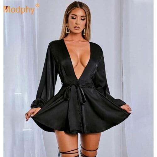 Sexy Satin A-line Mini Dress 2020 Autumn New Fashion Deep V Neck Backless Bubble Long Sleeve Lace-Up Party Dress Vestidos