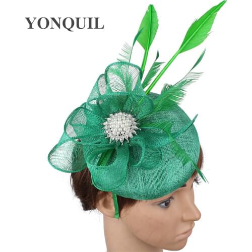 High Quality 4-Layer Green Sinamay Fascinator Hat Vintage Party Formal Fedora Hats Headband Bridal Party Show Headpiece Clip