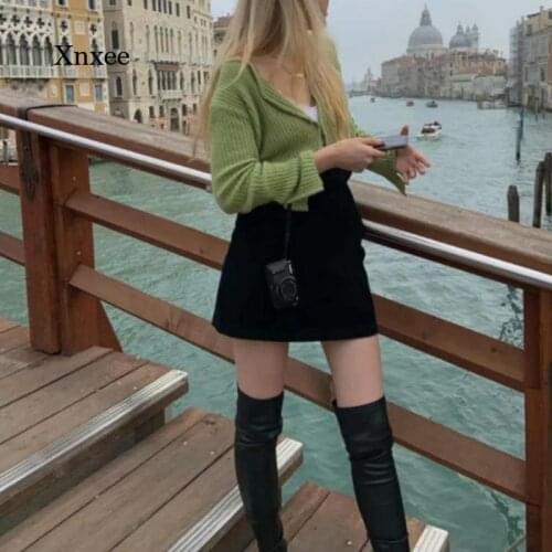 Long Sleeve Crop Top Knitted Sweaters Women Sweater Cardigan Korean Solid Cardigans Vintage Korean Crop Sweater White Ladies Top