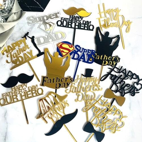 Cake Decoration Black Gold Acrylic Happy Fathers Day Cake Topper Bread Dad Birthday Super Dad Dessert Decor Cake Supplies