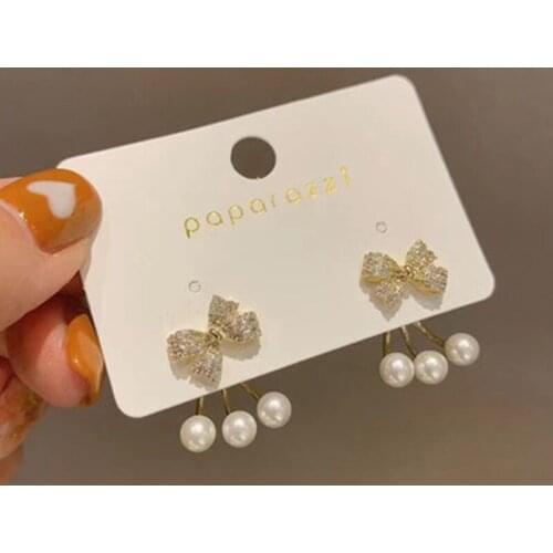 Korean Elegant Wild Long Rhinestone Pearl Bow Heart Shaped Dangle Earrings Ins For Female 2021 Trend Earings Dress Decor