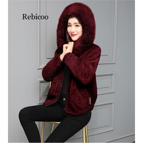 Ladies Leather Jackets Faux Fur Coat Female Winter New Faux Fox Hair Collar Short Lamb Sheepskin Shear Faux Fur Coat Hooded