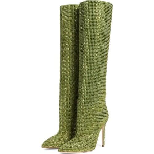 Luxury High Heel Womens Boots Bling Diamonds Decoration Slip On Knee High Boots Big Size 43 Sexy Shoes Booty