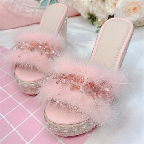 Womens Pink Pearls Real Mink Fur Slipper Platform Muffin High Wedge Heel Shoes Slides Slingback Flip Flops Rhinestones New DIY