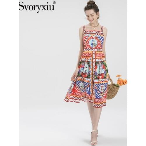 Svoryxiu Runway Designer Summer Women Knee-Length Dress Sexy Spaghetti Strap Printing High Waist Slim Beach Vacation Dresses