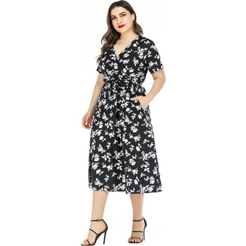 Spring Autumn Women Flowers Dress Plus Size Summer Dresses V-neck High Waist Midi Kimono Style Short Sleeve Casual Dress TA1999
